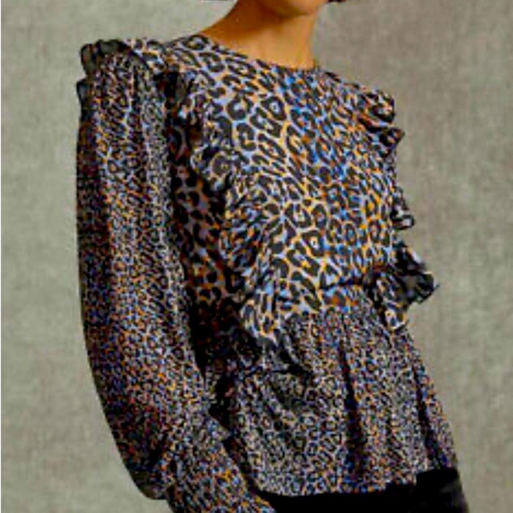 Anthropologie Bl-nk Moira Ruffle Peplum Leopard Blouse